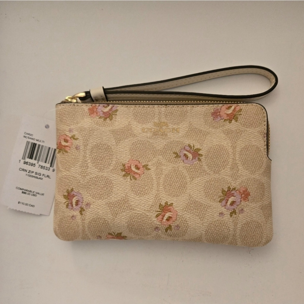 Coach Corner Zip Wristlet In Signature Canvas Floral Print Cream And Pink NWT - Picture 3 of 8